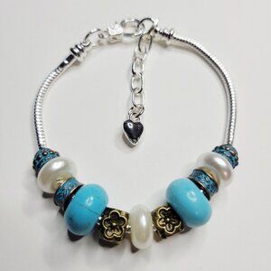NWT Pandora Style Charm Bracelet Copper Patina Turquoise Color Bronze Flowers